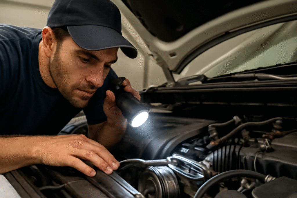 Mechanic inspecting car engine