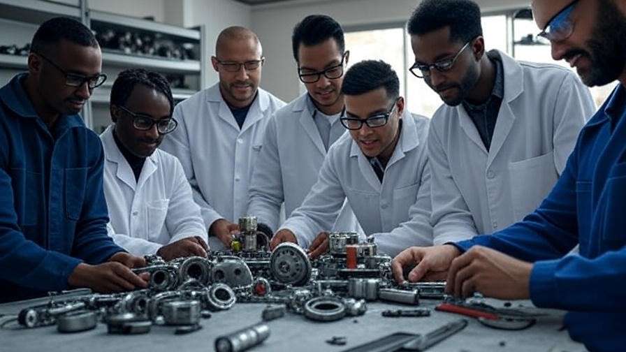 Engineers assembling mechanical parts