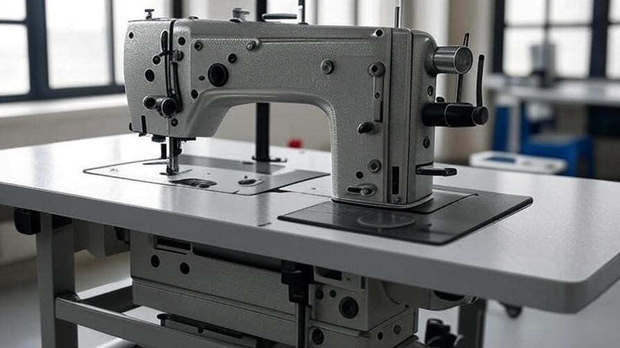 Sturdy sewing machine table with steel frame and anti-vibration pads in a bright workshop