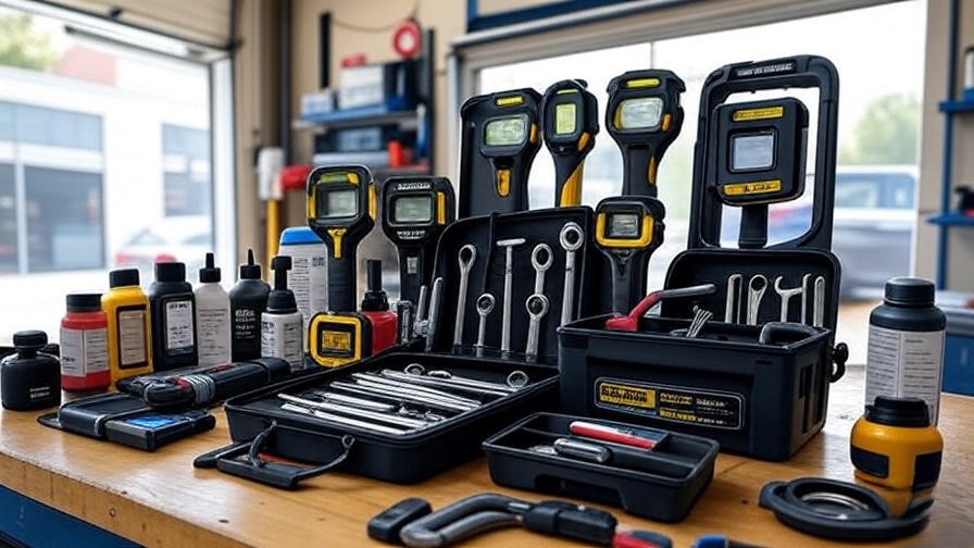 Maintenance tools for commercial garage door repair including laser levels and sensors on workbench in repair shop.