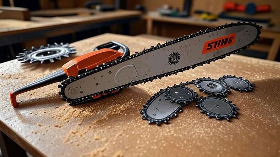 STIHL chainsaw cutting system with guide bar and chain on workbench for repair