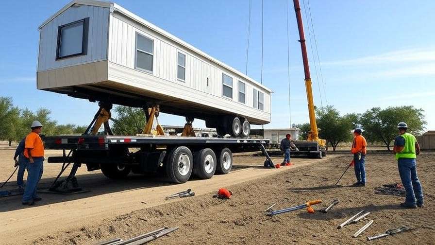 Create a high-quality, realistic image in 16:9 aspect ratio showing a large mobile home being carefully lifted onto a specialized trailer using hydraulic jacks on a construction site, with workers in safety gear overseeing the process, surrounded by engineering tools like levels and braces, set during daytime with clear skies, no text on the image.