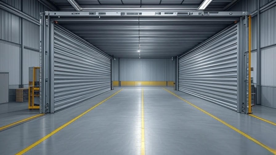 Commercial garage door components diagram showing torsion springs, rollers, and tracks in an industrial warehouse.