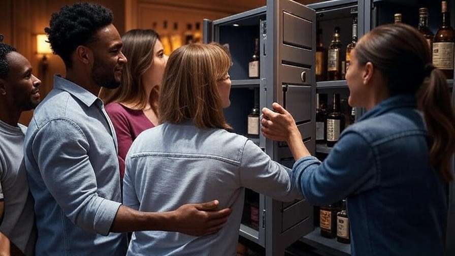 Ergonomic design illustration of adjustable shelves and reach optimization in a user-friendly liquor locker.