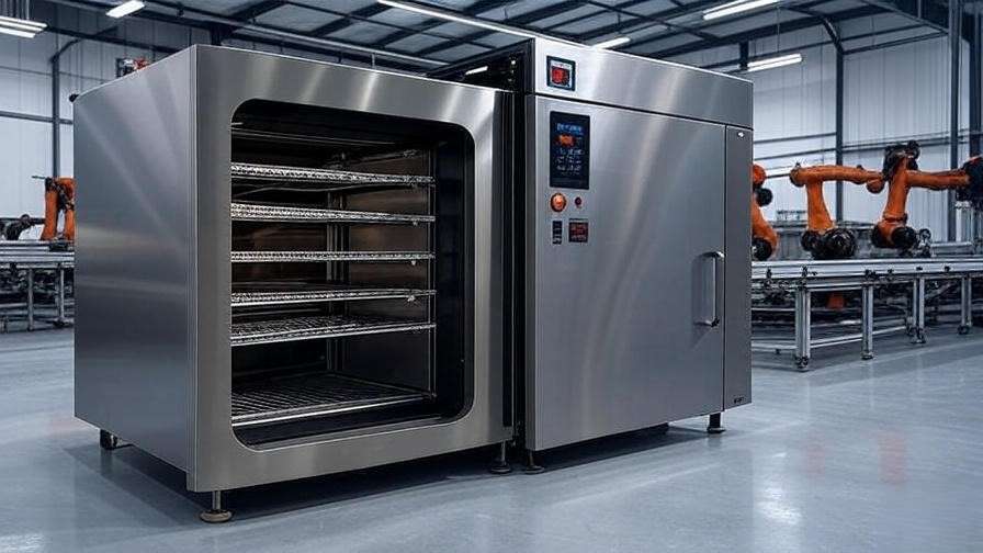 Modern industrial powder coating oven in a mechanical engineering facility, displaying digital controls and coated parts for high-volume production.