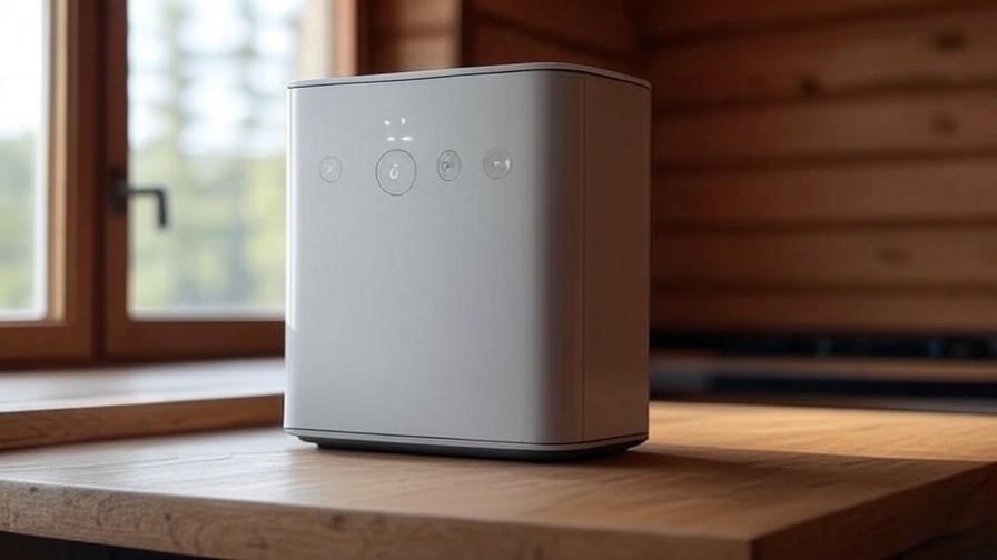 Futuristic portable water heater with smart controls in a modern off-grid cabin.