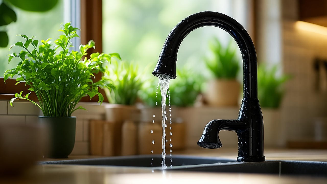 Black kitchen faucet with water-saving features in sustainable kitchen
