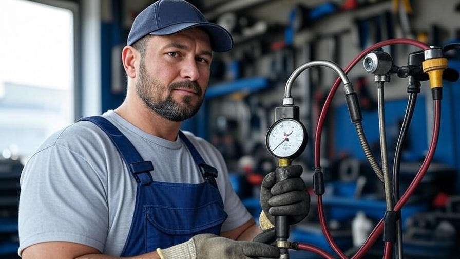 Mechanic testing fuel pressure with gauge on fuel line