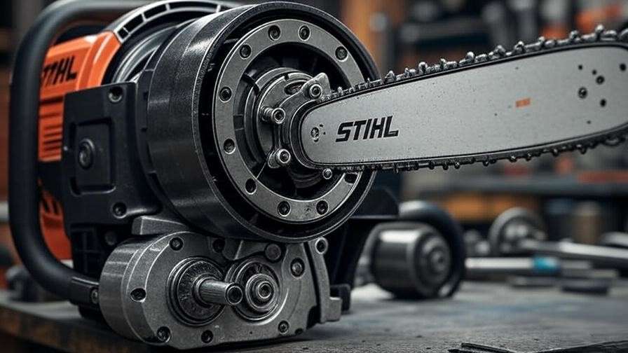 Close-up of STIHL chainsaw engine parts including cylinder and piston for maintenance.