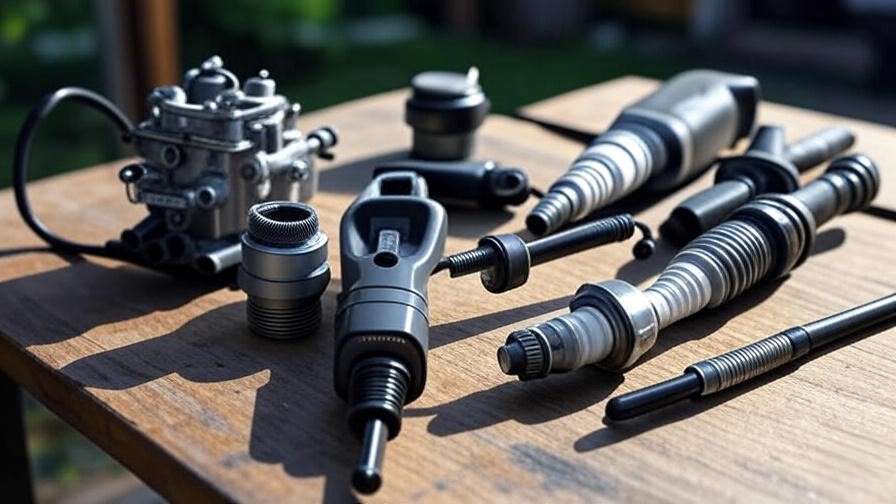 Assortment of essential Echo weed eater parts including carburetor and trimmer head for maintenance and replacement.