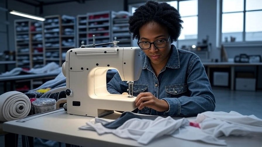 Premium sewing machine table with LED lighting in an industrial workshop