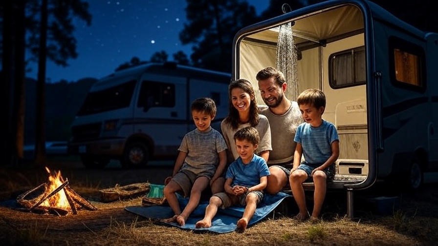 Family using a portable water heater for a shower at a campsite with RV and campfire.