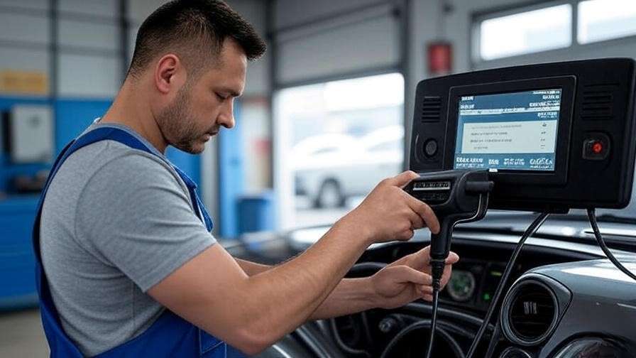 Mechanic using OBD-II scanner with blinking check engine light on dashboard