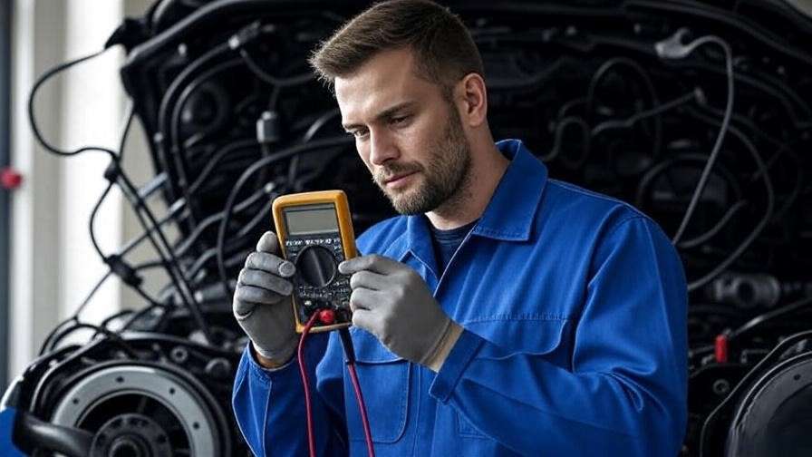 Mechanic examining mass airflow sensor with multimeter and engine wiring