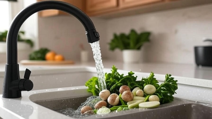 Black kitchen faucet demonstrating water-efficient flow in use