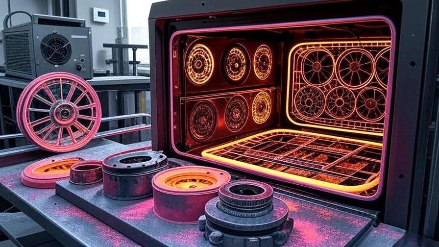 Photorealistic view of a powder coating oven curing metal automotive parts in a mechanical engineering workshop, showcasing precision and technology.