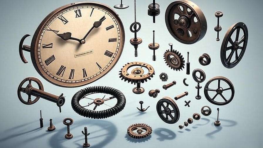 Exploded diagram of vintage clock components: mainspring, escapement, and gear train for mechanical engineering guide
