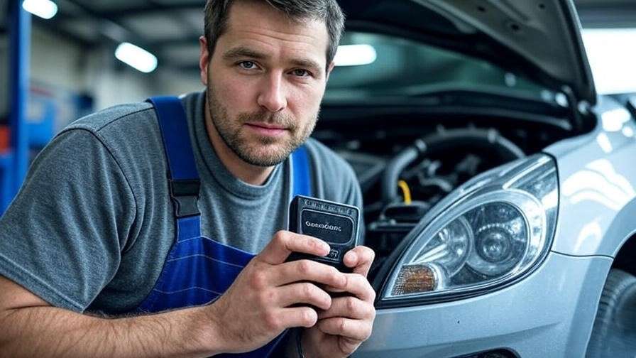 Mechanic using OBD-II scanner to diagnose flashing check engine light.