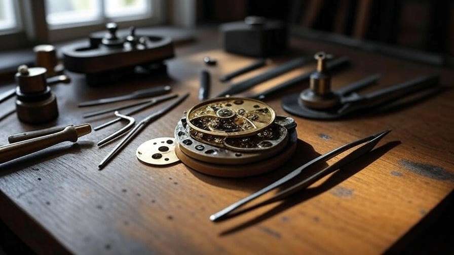 Essential hand tools for precision clock repair: screwdrivers and tweezers on workbench.