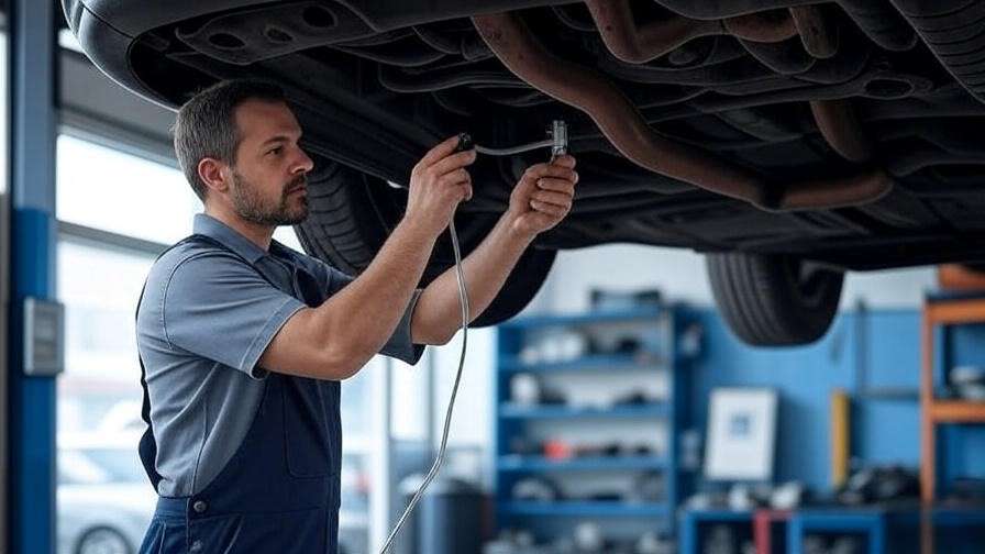 Mechanic inspecting oxygen sensor for flashing check engine light repair.