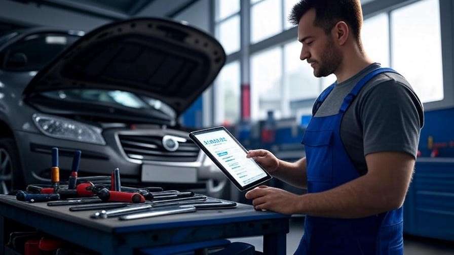 Preventive maintenance schedule on tablet with open car hood