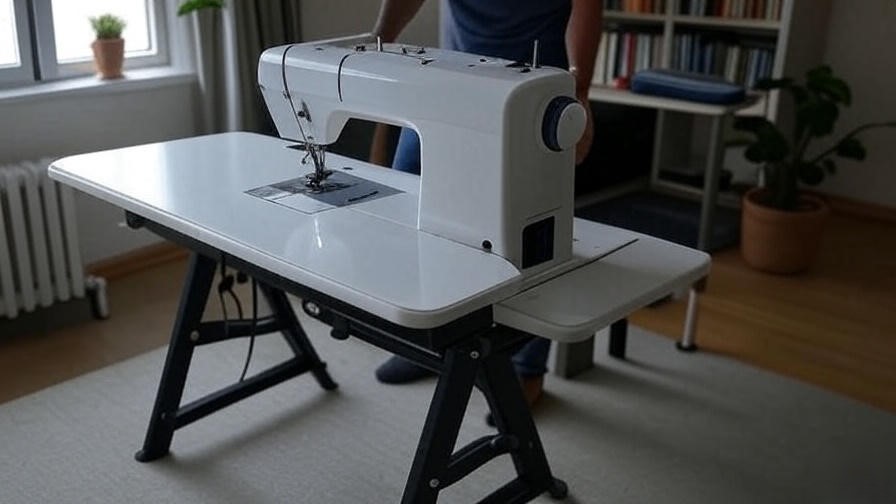 Foldable sewing machine table with casters in a small apartment sewing corner