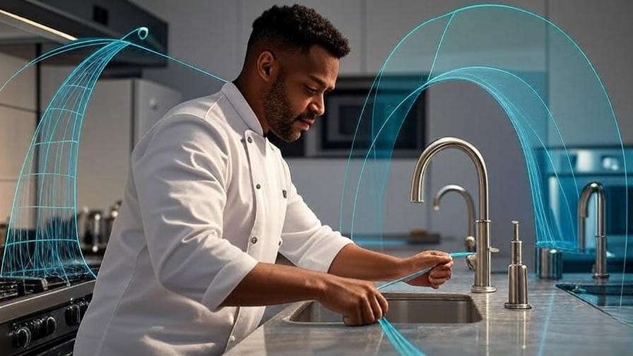 Ergonomic visualization of corner kitchen sink work triangle for reduced strain.