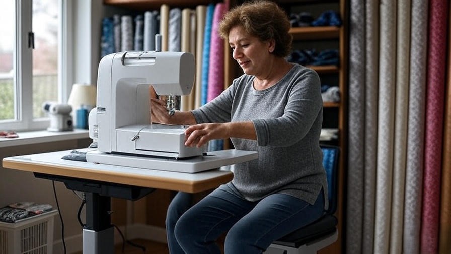 Ergonomic sewing machine table with height adjustment in a cozy sewing room