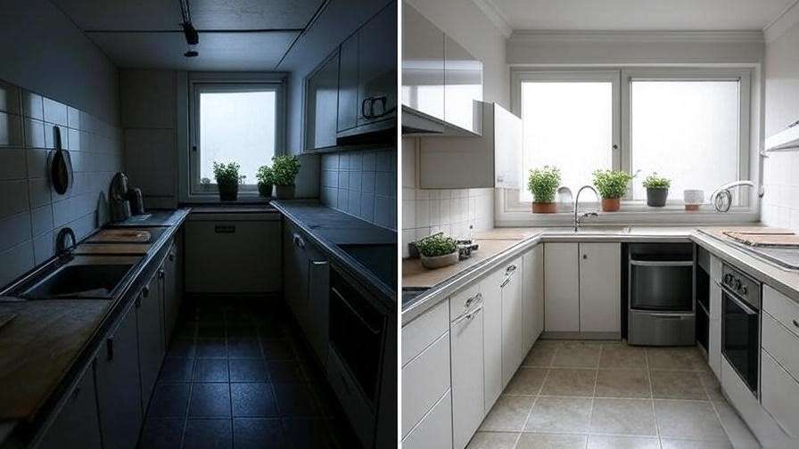 Before and after images of urban apartment corner kitchen sink retrofit.