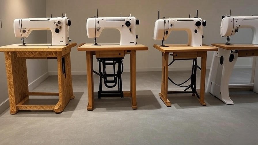 Comparison of sewing machine tables with height adjustment in a showroom