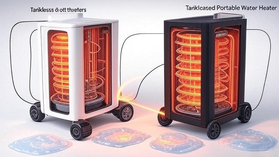 Diagram comparing tankless and tank-based portable water heater components.