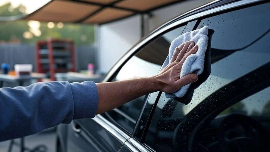 Cleaning precut window tint with pH-neutral solution and microfiber cloth.