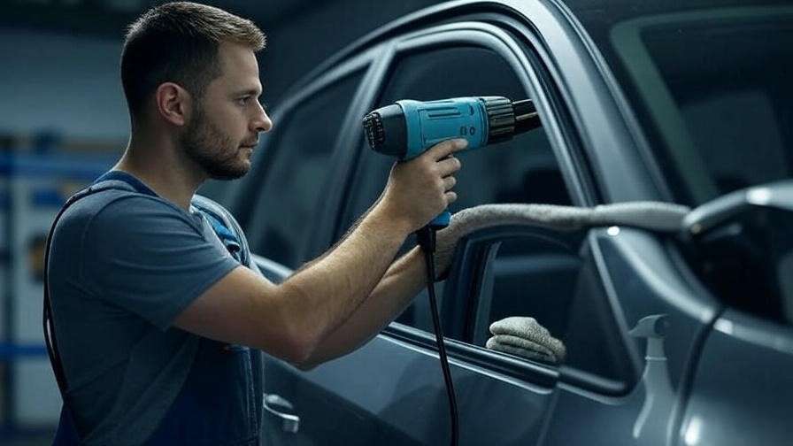 Technician shaping precut tint on curved car window with heat gun.