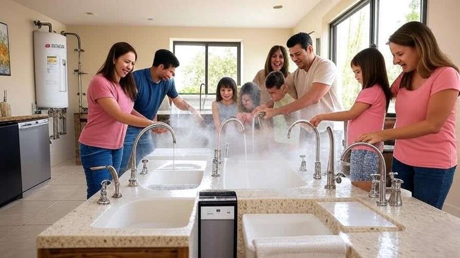 Large family enjoying abundant hot water from an 80 gallon electric water heater in a busy home.