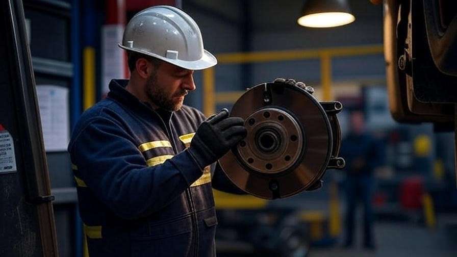 Trailer safety compliance: mechanic inspection with PPE in repair shop.