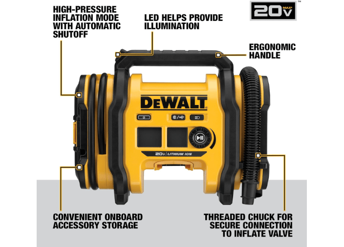  DEWALT Tire Inflator Portable Air Compressor 20V MAX, Air Pump with Automatic Shut Off, LED Light, Tool Only (DCC020IB)