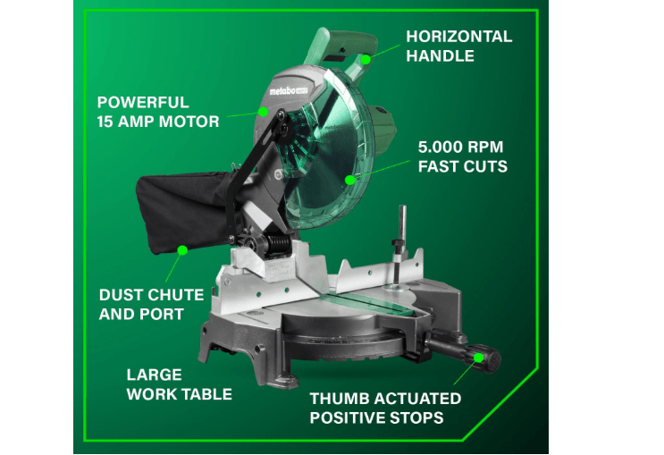  Metabo HPT 10-Inch Compound Miter Saw, 15-Amp Power Saw with Large 10-Inch Table, Precision Miter Angles, Single Bevel 0-45°, 24T TCT Blade, Positive Stops