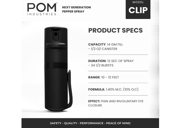 POM Pepper Spray Pocket Clip, Quick Flip Top Safety, Maximum Strength OC Formula with UV Marking Dye, Safe Compact and Tactical Design for Everyday Carry
