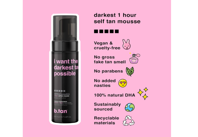 b.tan Ultra Dark Self Tanner Mousse | I Want The Darkest Tan Possible - Fast, 1 Hour Express Sunless Tanning Foam, Golden Bronzing Glow, Face & Body, No