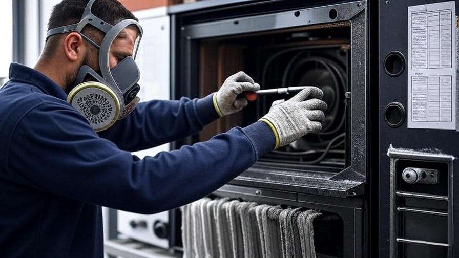 Technician performing maintenance on a powder coating oven, wearing PPE and inspecting components in a mechanical engineering workshop.