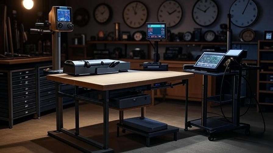 Engineer's workspace setup for vintage clock repair with ultrasonic cleaner and timing tools