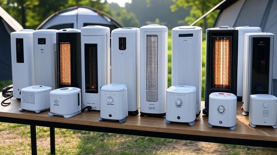Comparison of top 10 portable water heaters displayed on a table in a camping setting.