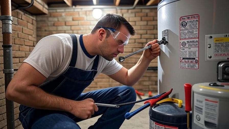 Expert installation of an 80 gallon electric water heater by a professional in a home setting.