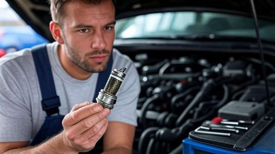 Mechanic inspecting worn spark plug for flashing check engine light diagnosis