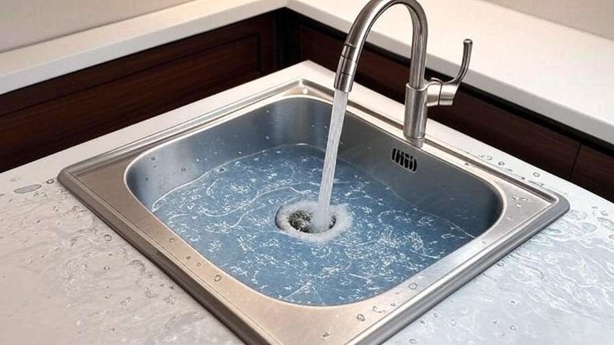 Cross-section of corner kitchen sink illustrating fluid dynamics and efficient drainage.