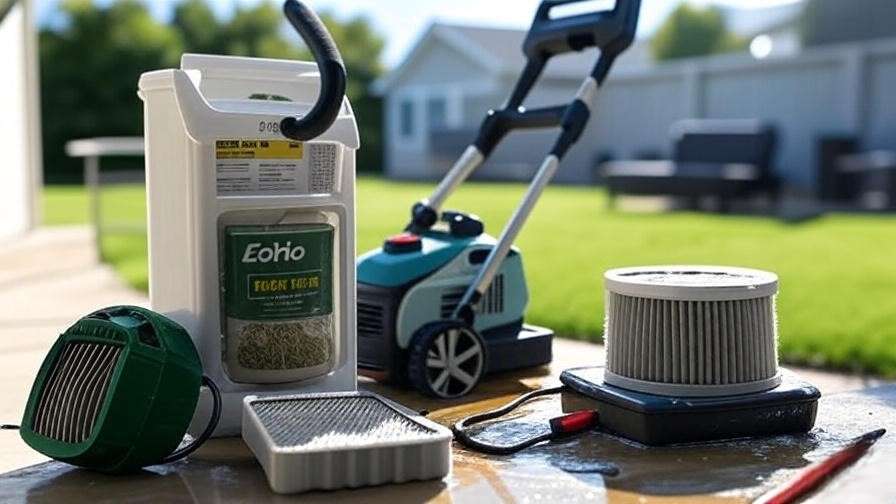 Echo weed eater maintenance setup with cleaning tools and fuel for extending equipment lifespan.