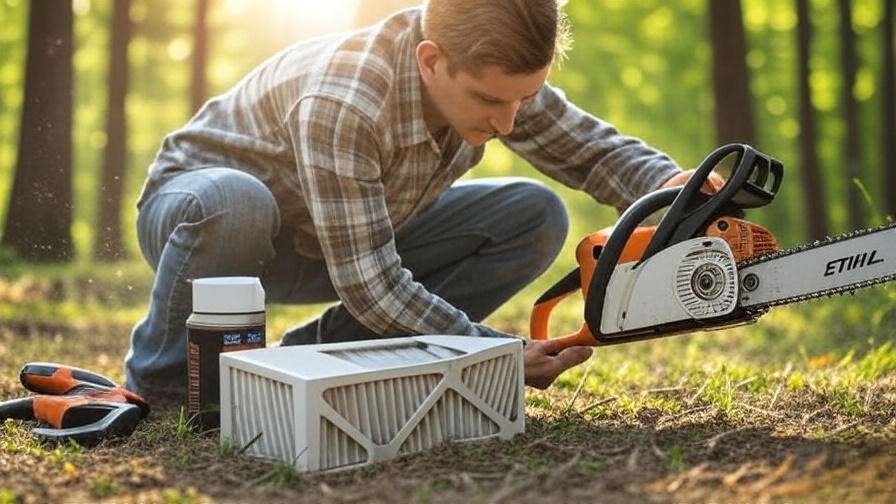 Person cleaning STIHL chainsaw air filter with tools in forest setting.
