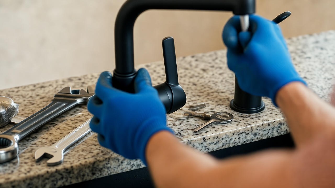 Installing a black kitchen faucet with tools and precision