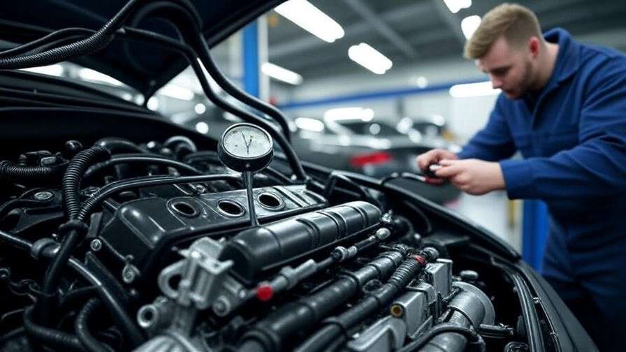 Car engine compression test with gauge and mechanic monitoring