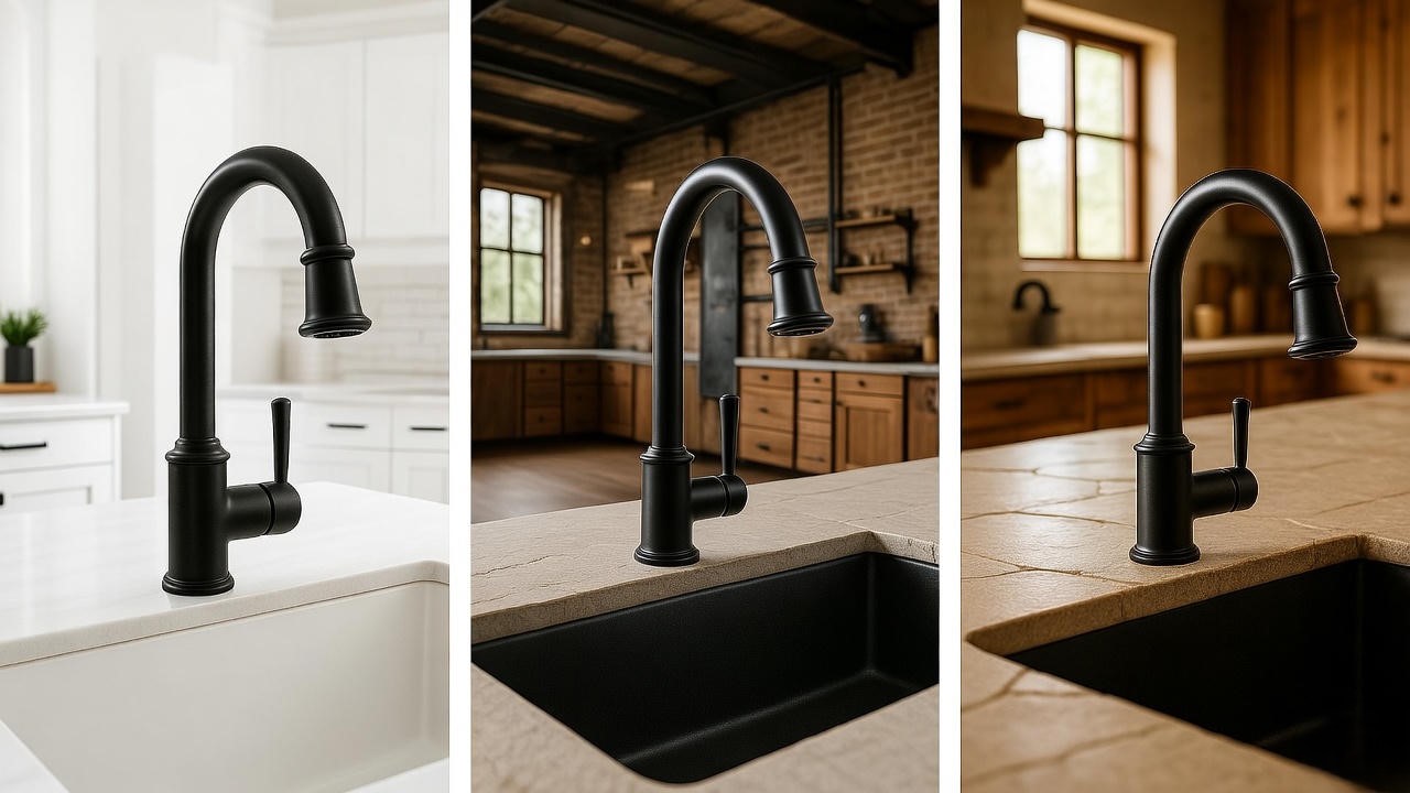 Black kitchen faucets in various kitchen styles for versatility